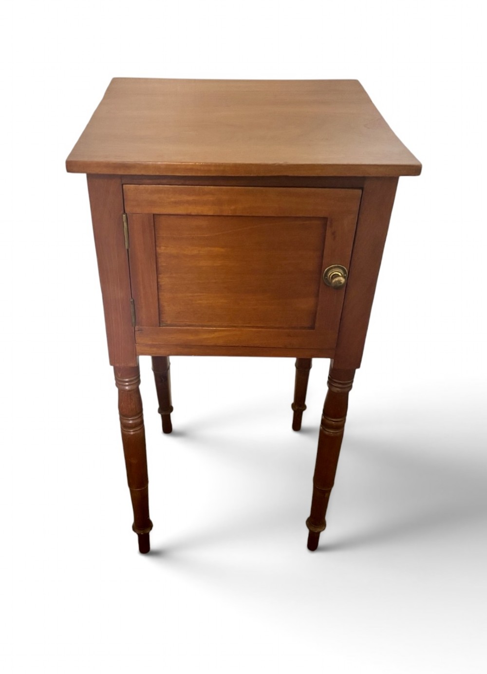 A 19th-century mahogany bedside cupboard featuring a single panelled cupboard door with a brass knob and tall turned legs.
