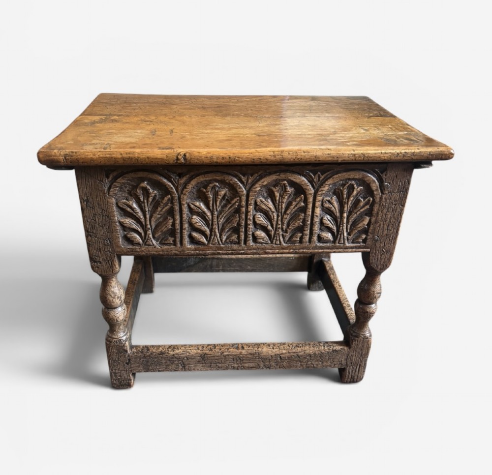 Carved oak box stool View II
