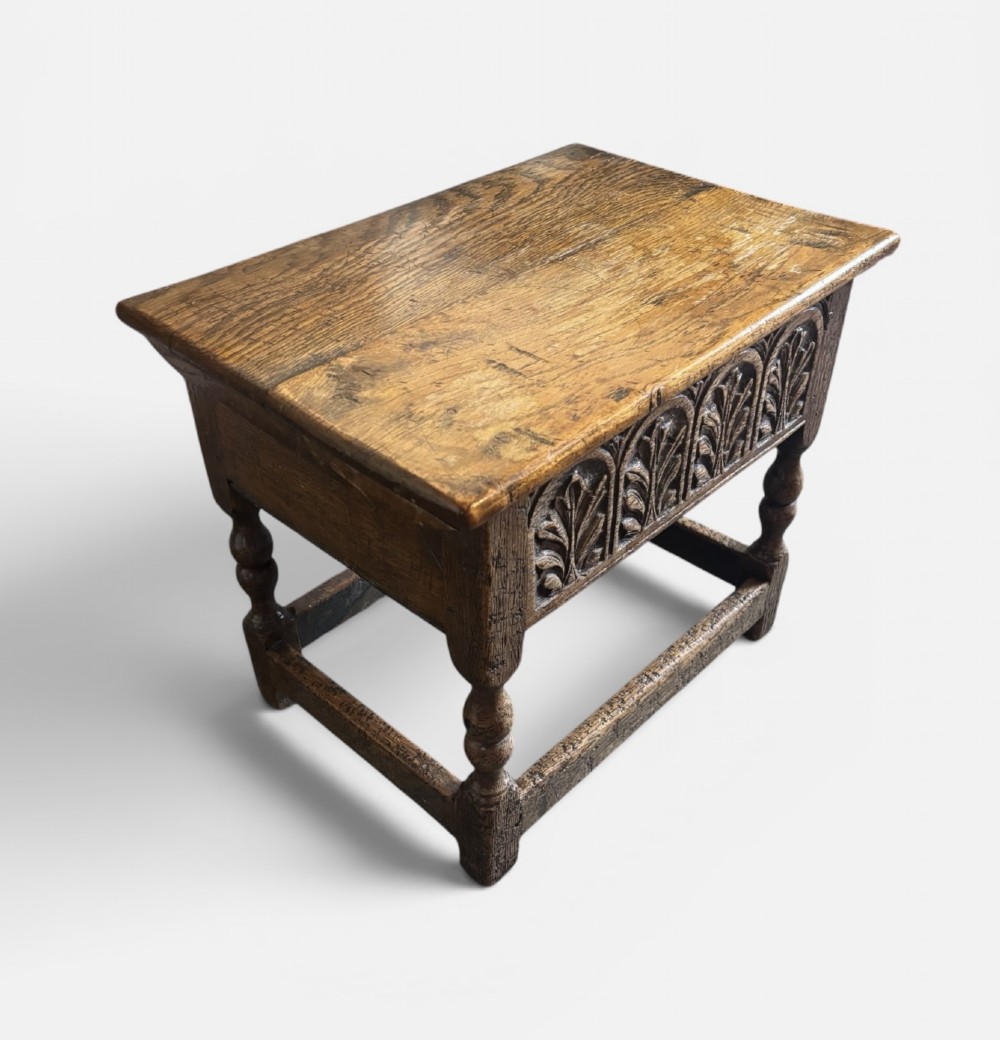 Carved oak box stool View III