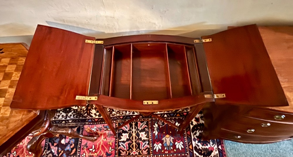 A small Edwardian mahogany work table featuring dual hinged top flaps with delicate satinwood inlay, tapered legs, and an X-frame stretcher. View III