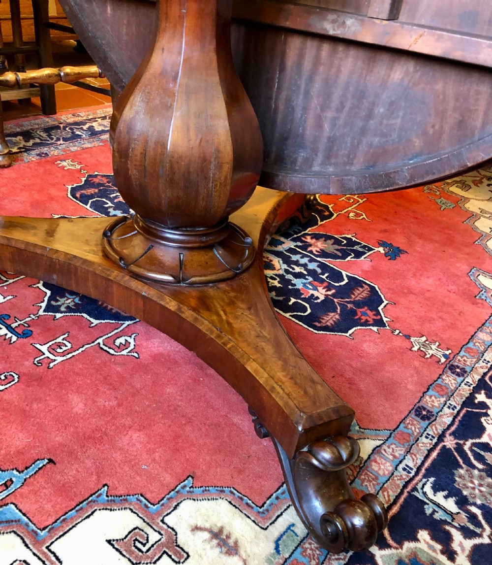 Large Regency figured mahogany tilt top round dining table View IX