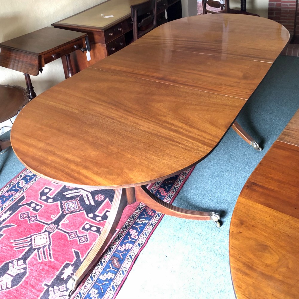 A mahogany twin pillar dining table featuring an oval top with an extension leaf, supported by two splayed pedestal bases with brass castors. View IV