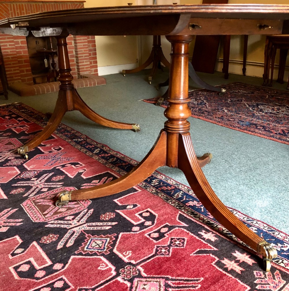 A mahogany twin pillar dining table featuring an oval top with an extension leaf, supported by two splayed pedestal bases with brass castors. View VIII