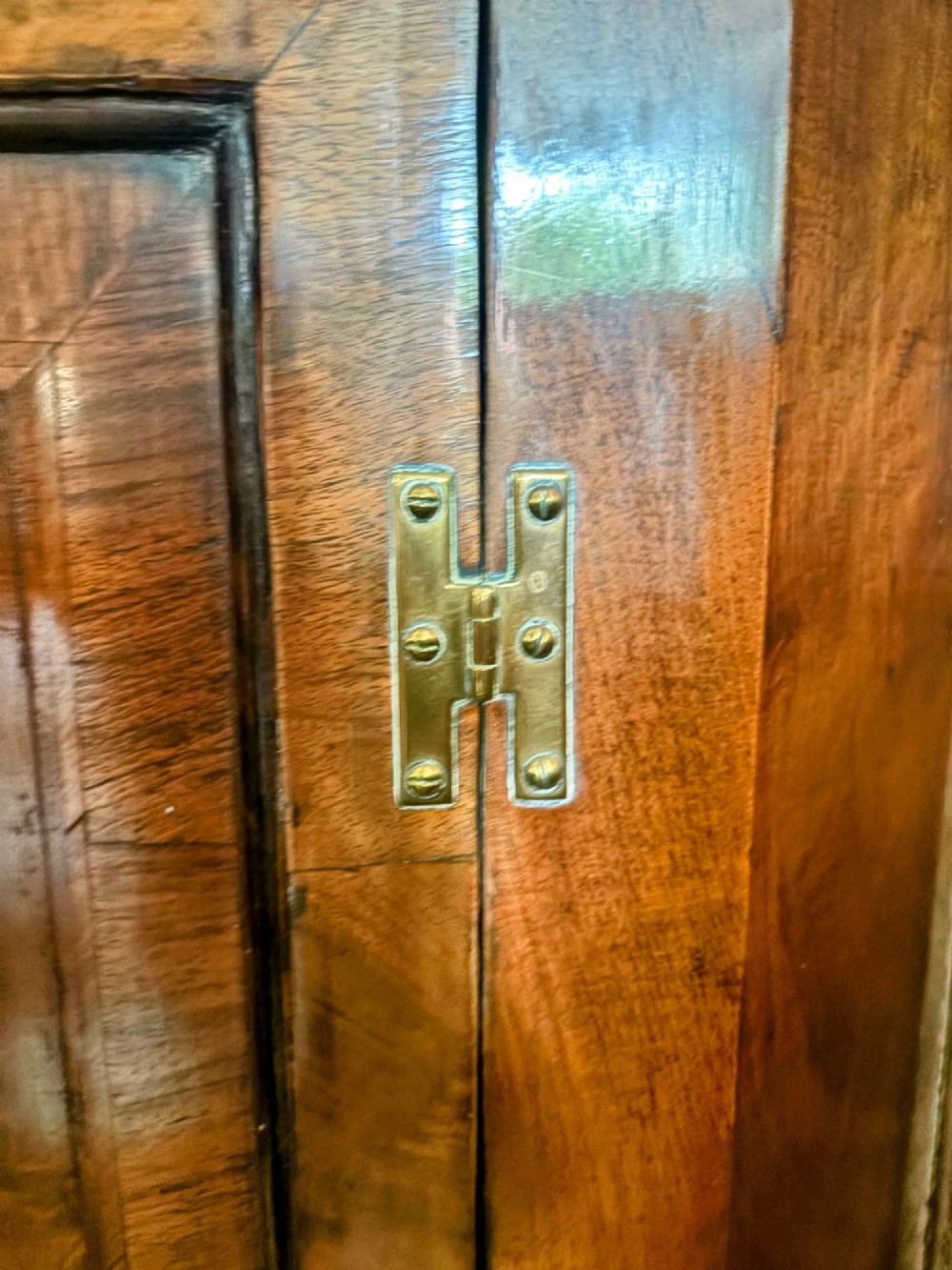 A George III walnut corner cupboard featuring a single panelled door with figured wood grain, brass H-hinges, and moulded cornice details. View IV