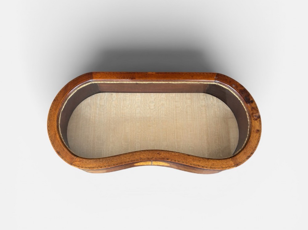 A kidney-shaped Edwardian mahogany display table with satinwood floral inlays, slender tapered legs, a glass top, and an undershelf. View IV