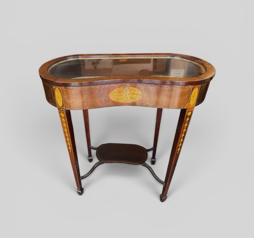 A kidney-shaped Edwardian mahogany display table with satinwood floral inlays, slender tapered legs, a glass top, and an undershelf. View V
