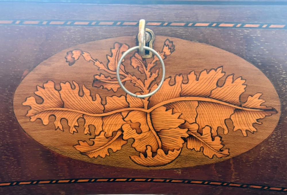 A kidney-shaped Edwardian mahogany display table with satinwood floral inlays, slender tapered legs, a glass top, and an undershelf. View VI