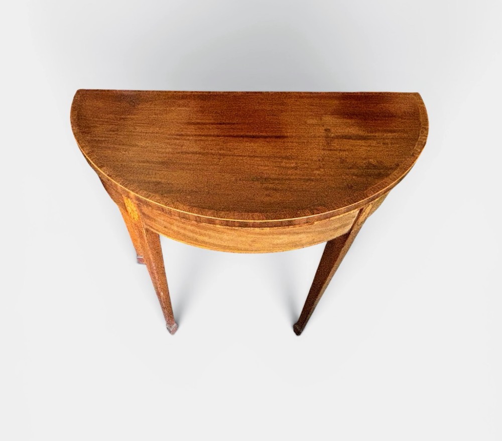 Small George III mahogany and inlaid semi lune card table View II