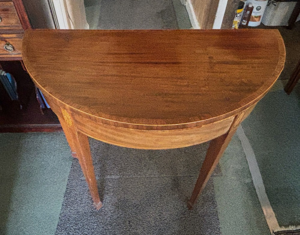 Small George III mahogany and inlaid semi lune card table View VI