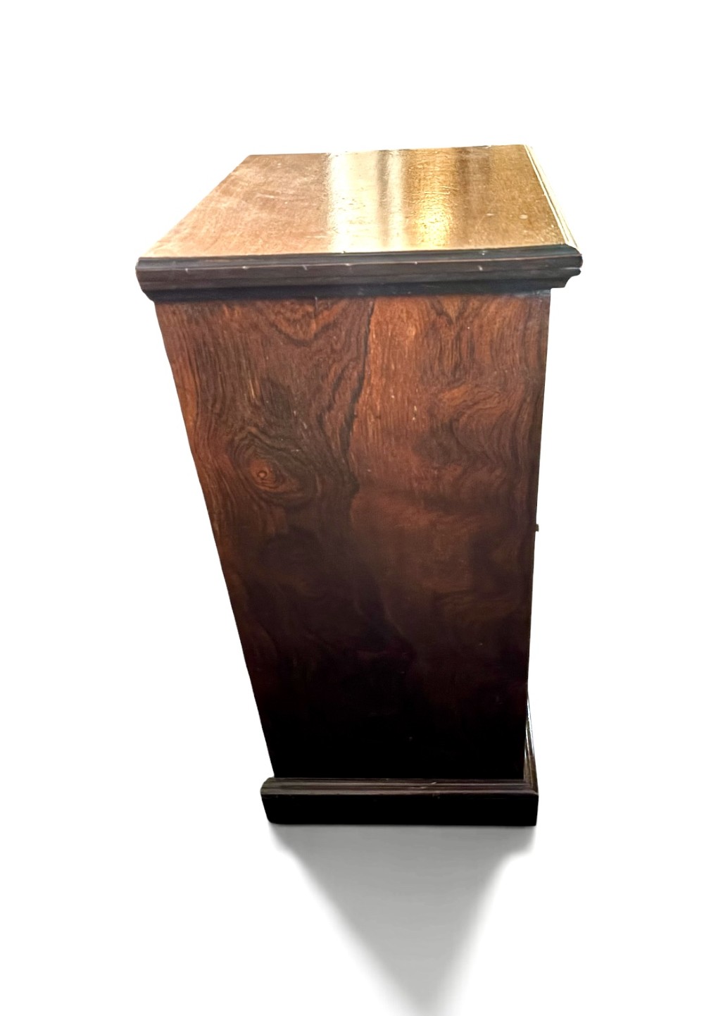 A tall, narrow Victorian rosewood cabinet featuring intricate floral marquetry inlay on the single panelled door and side pilasters. View III