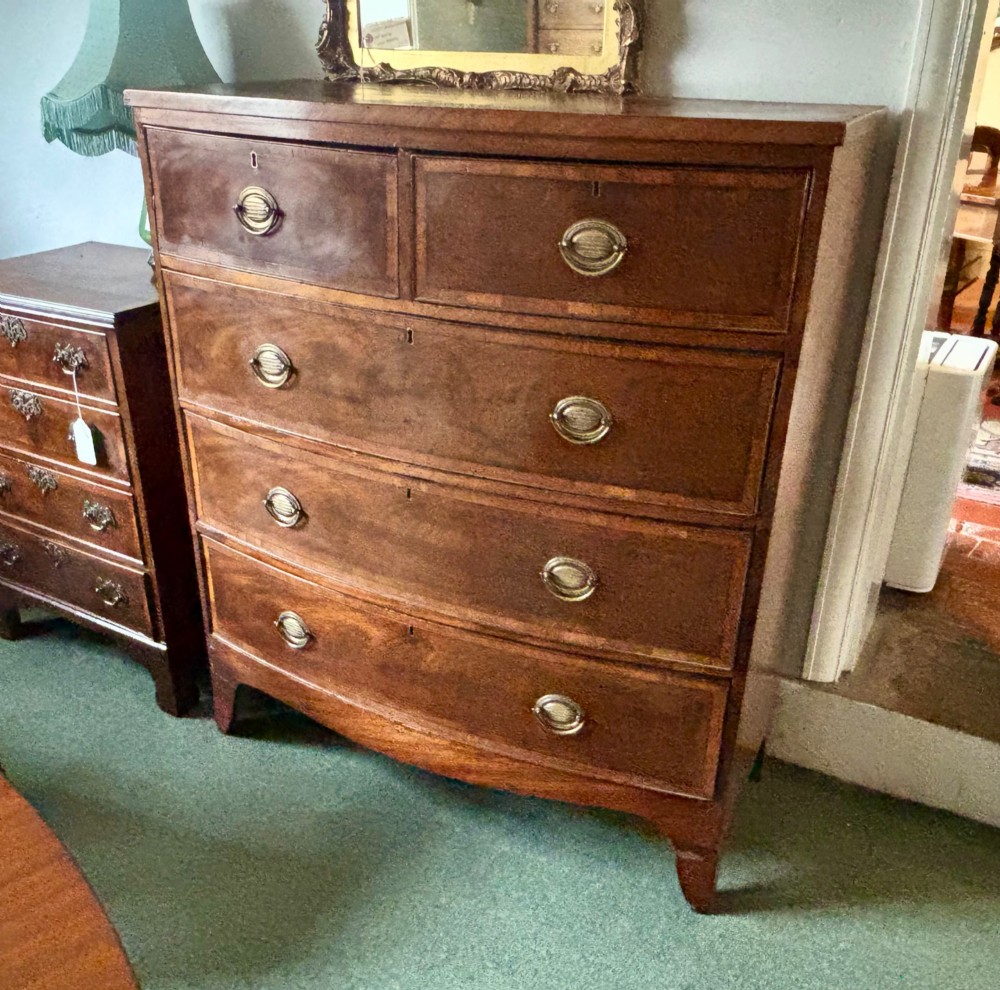 A Regency mahogany bowfront chest of drawers featuring two short over three long graduated drawers with satinwood crossbanding and brass oval plate handles. View VII