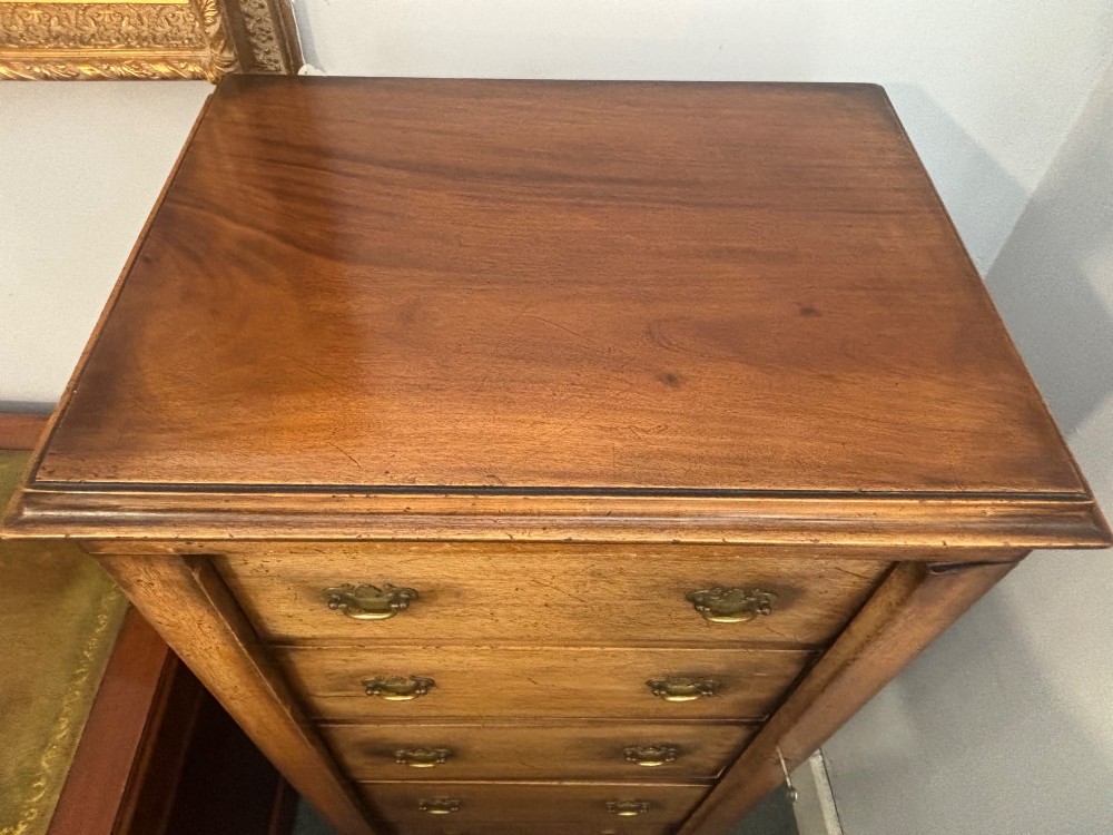 A tall, narrow Edwardian mahogany Wellington chest featuring five graduated drawers with brass handles and a hinged side locking bar on a plinth base. View VII