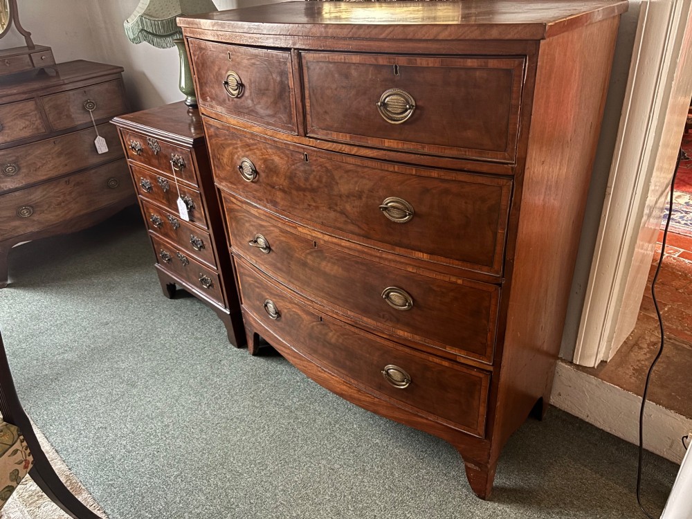 A Regency mahogany bowfront chest of drawers featuring satinwood crossbanding, brass oval handles, and splayed legs. View V