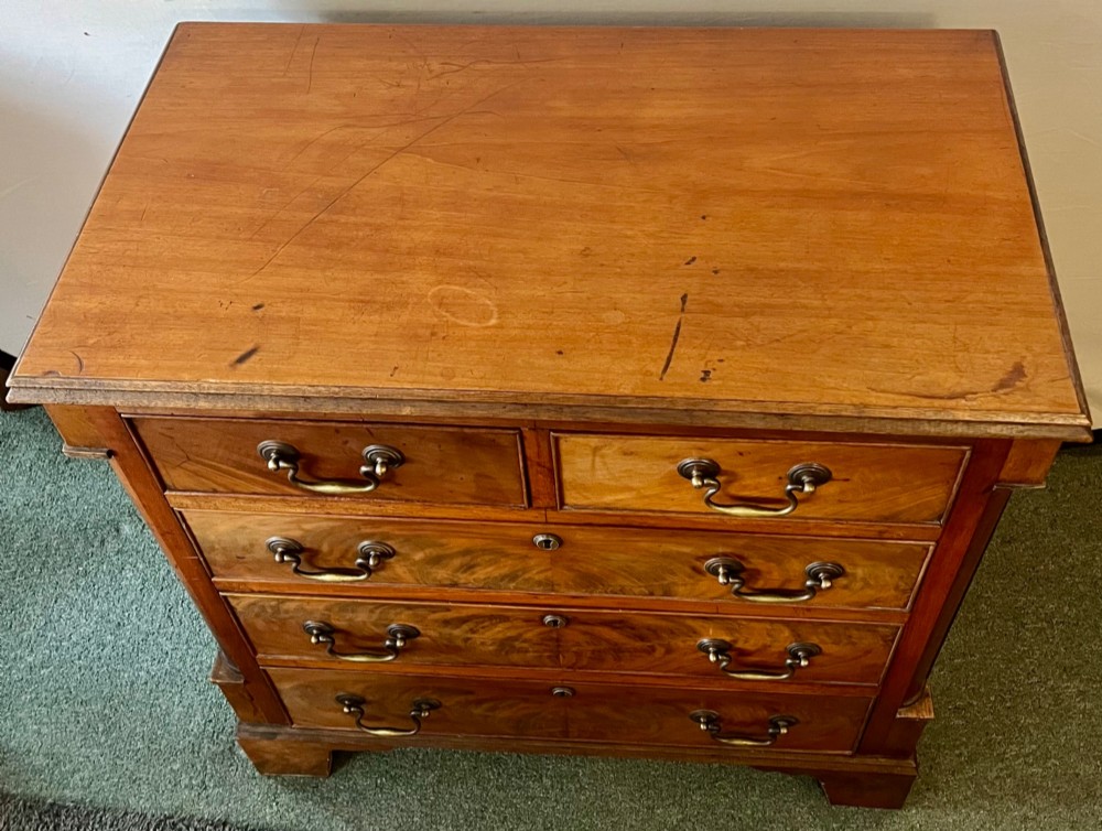 An Edwardian mahogany chest of drawers with two short drawers over three long drawers, brass swan-neck handles, and bracket feet. View II