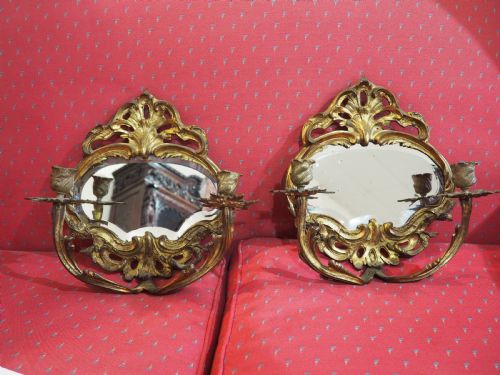 Pair of Gilt Brass Mirrored Wall Sconces