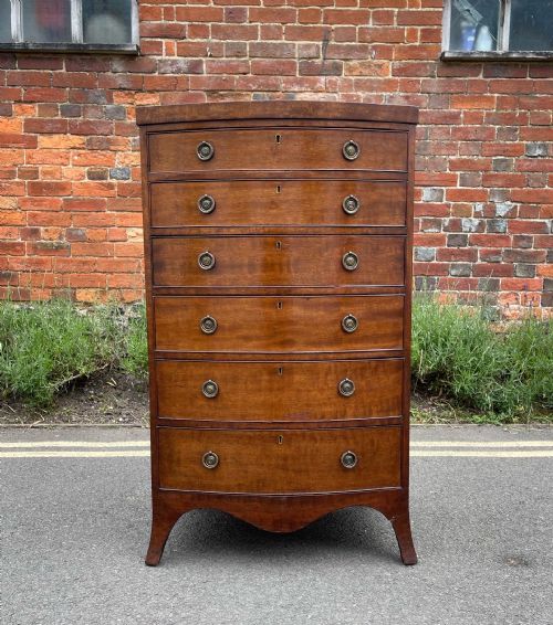 narrow mahogany bowfronted chest - CATEGORY: ANTIQUE CHEST OF DRAWERS - DATED 1910