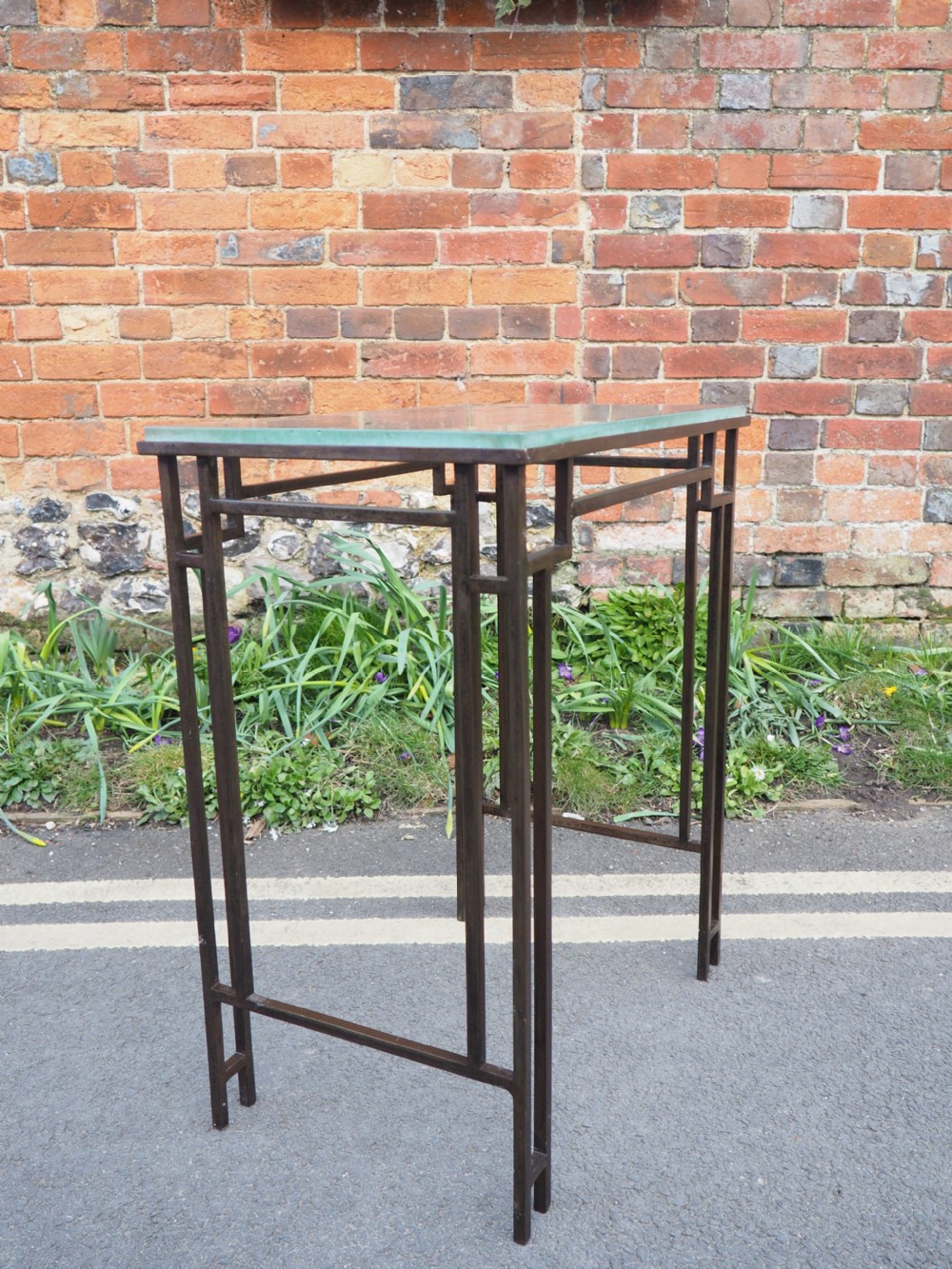 Art deco steel and frosted glass table