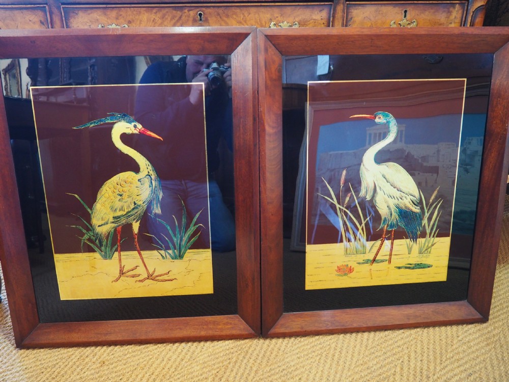 Pair of Reverse painted Cranes