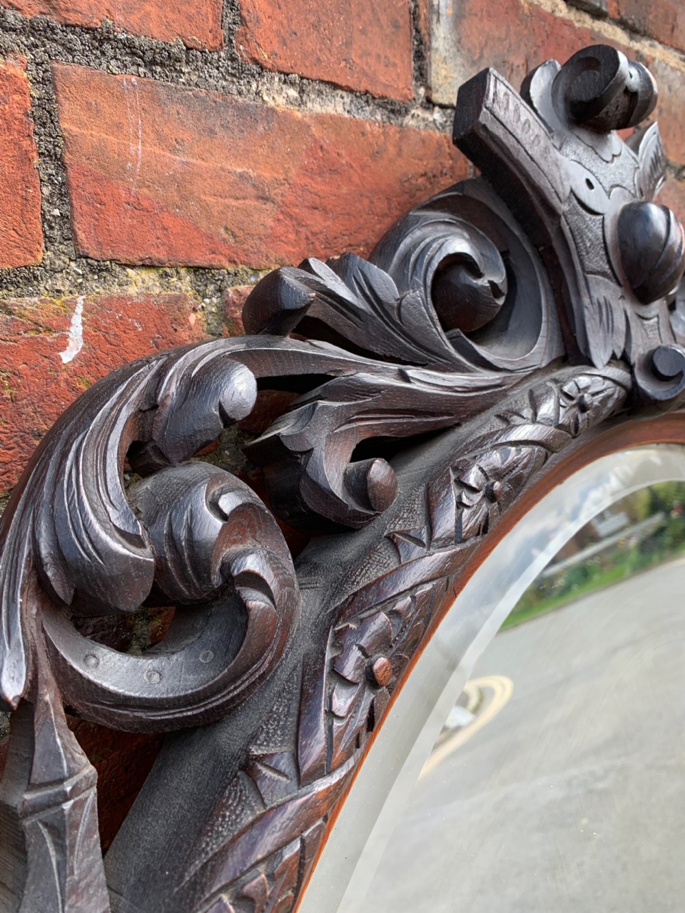 Very large carved Oak oval mirror  View III