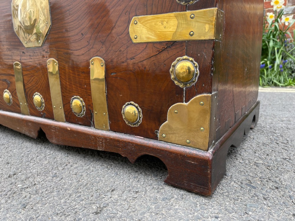 A traditional Korean elm wood Bandaji chest featuring decorative brass mounts, side handles, and a drop-front upper panel. View VII