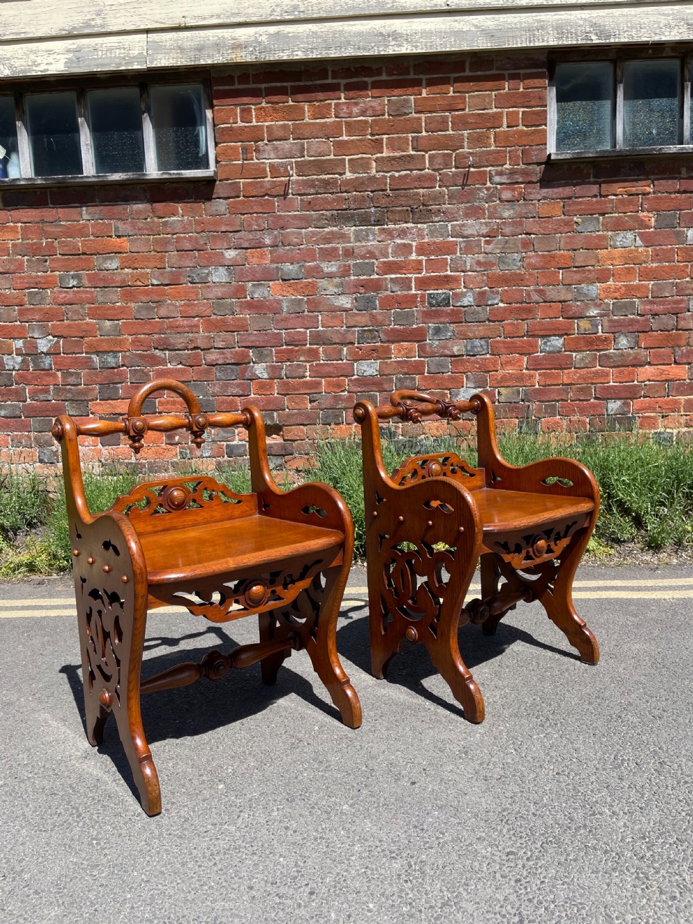 Pair of Oak hall chairs  View II