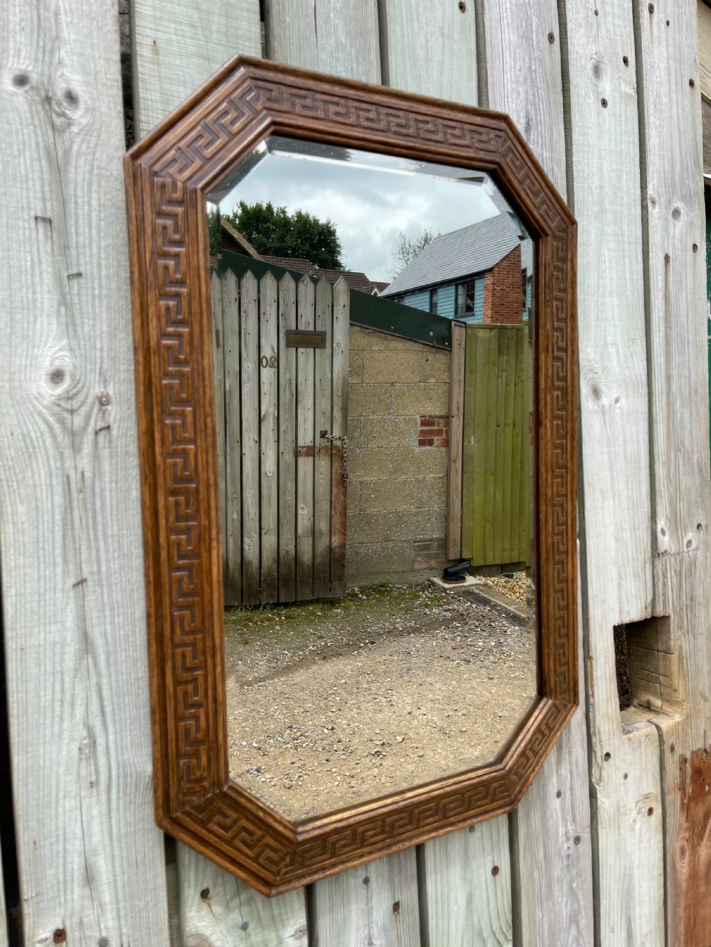 Oak mirror with Greek key decoration 