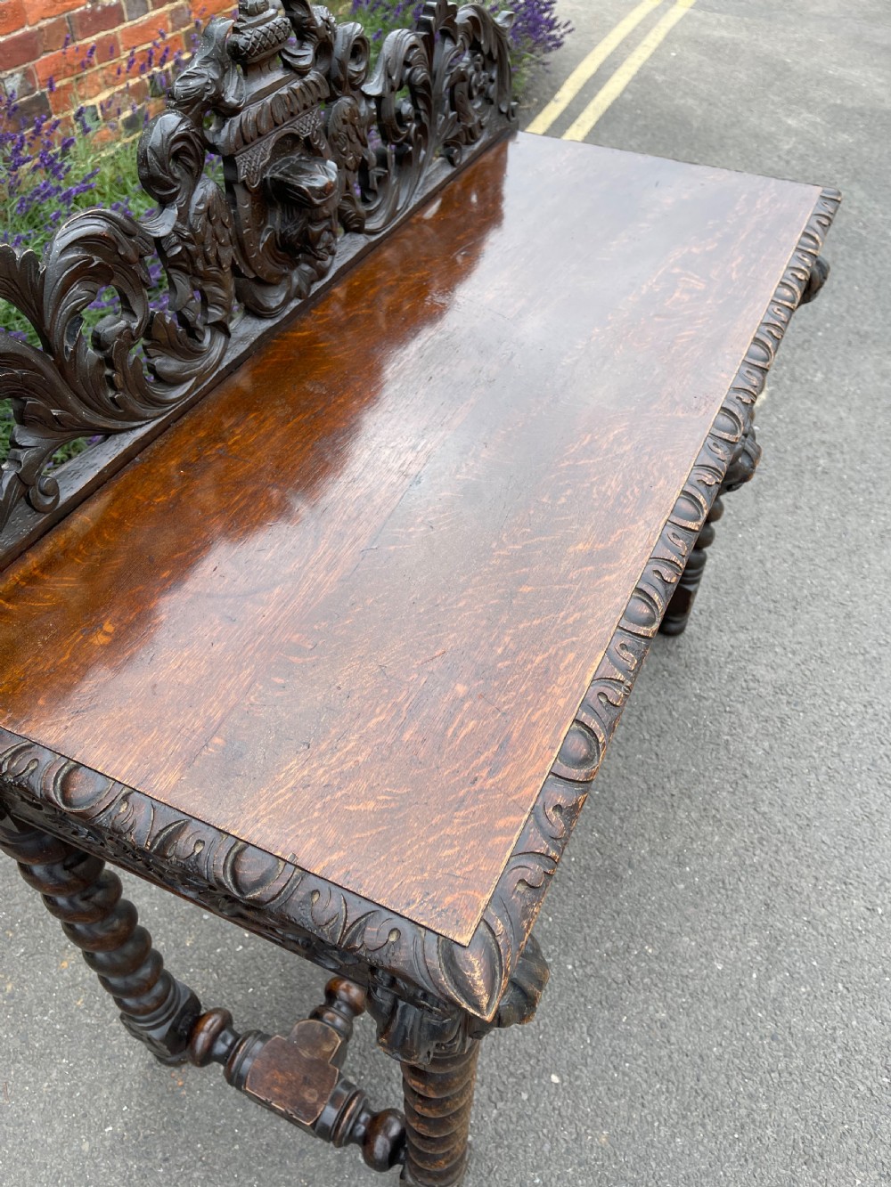 Victorian carved Oak hall table  View VI
