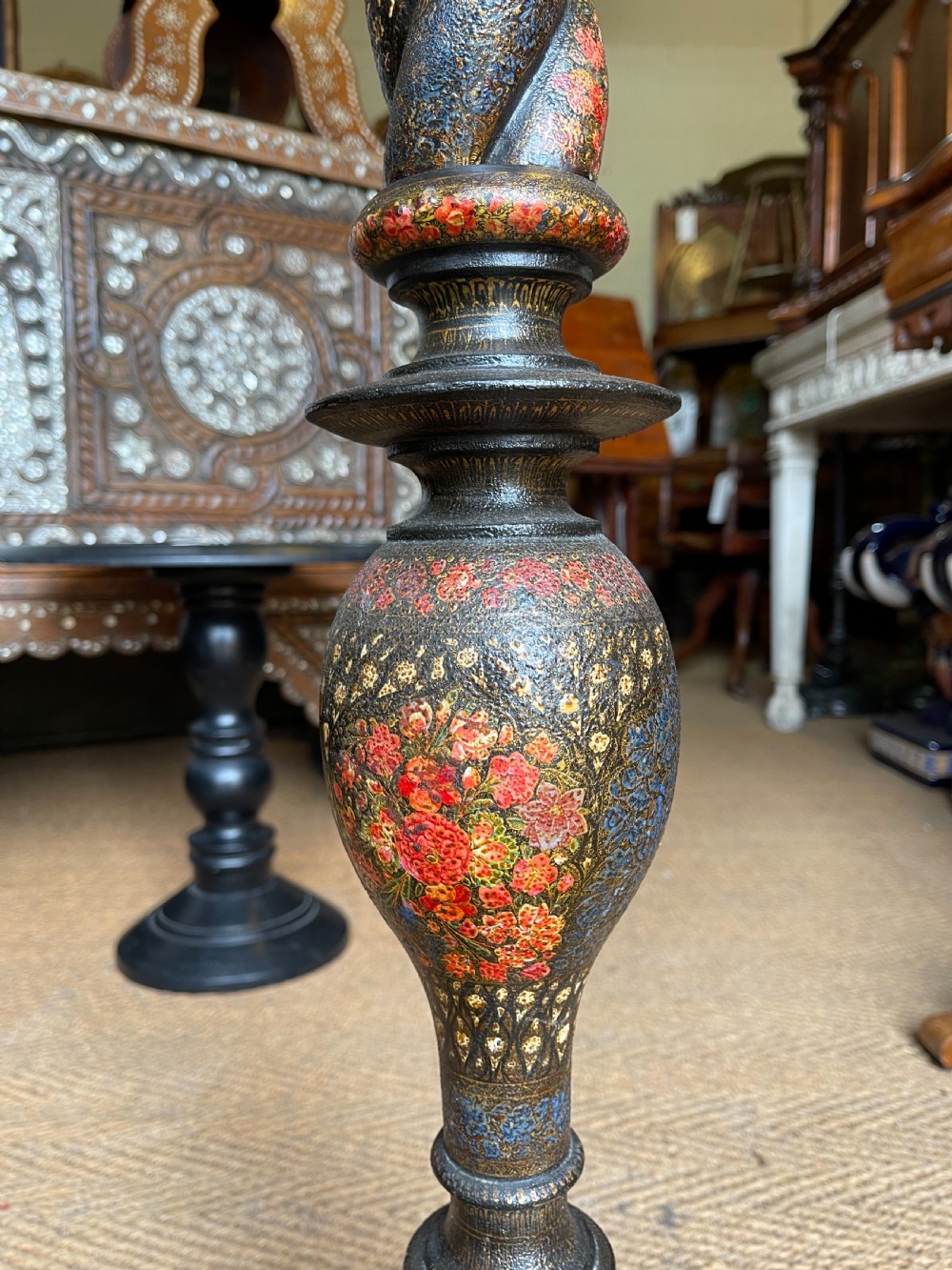 Antique Kashmiri painted standard lamp  View II