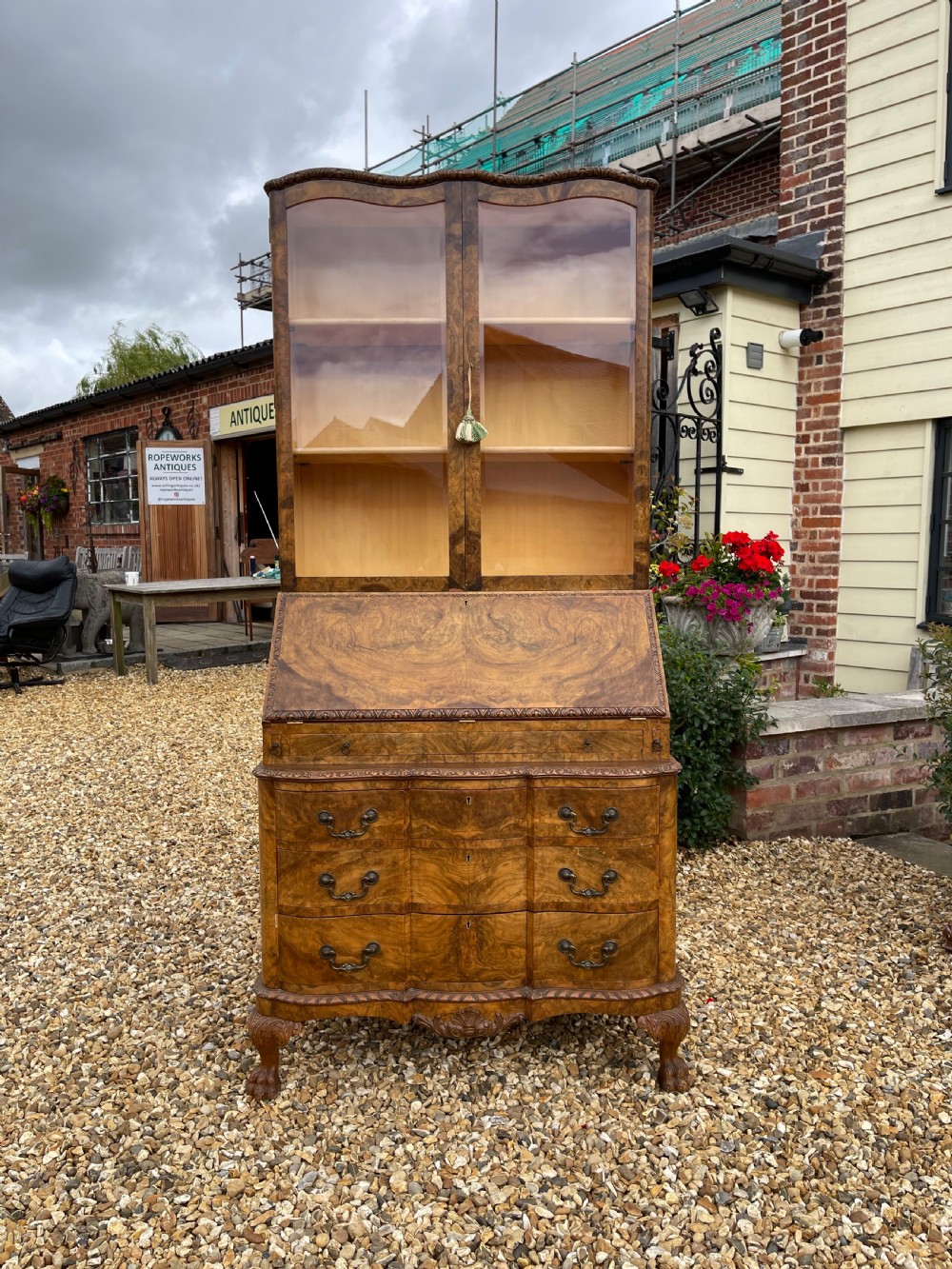 Figured and burr walnut bureau bookcase 