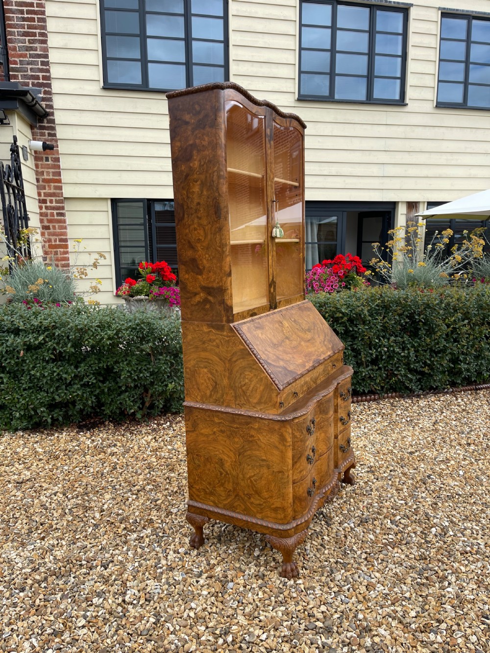 Figured and burr walnut bureau bookcase  View III