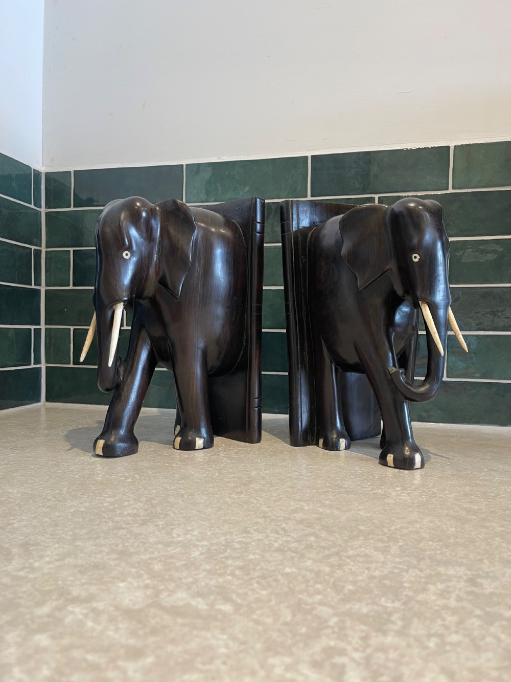Ceylonese Ebony elephant bookends  View II