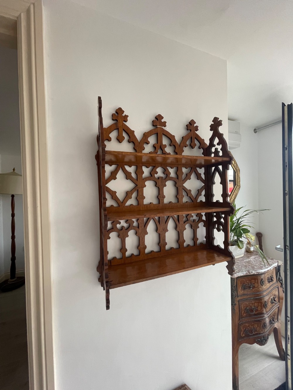 Gothic oak hanging wall shelf 