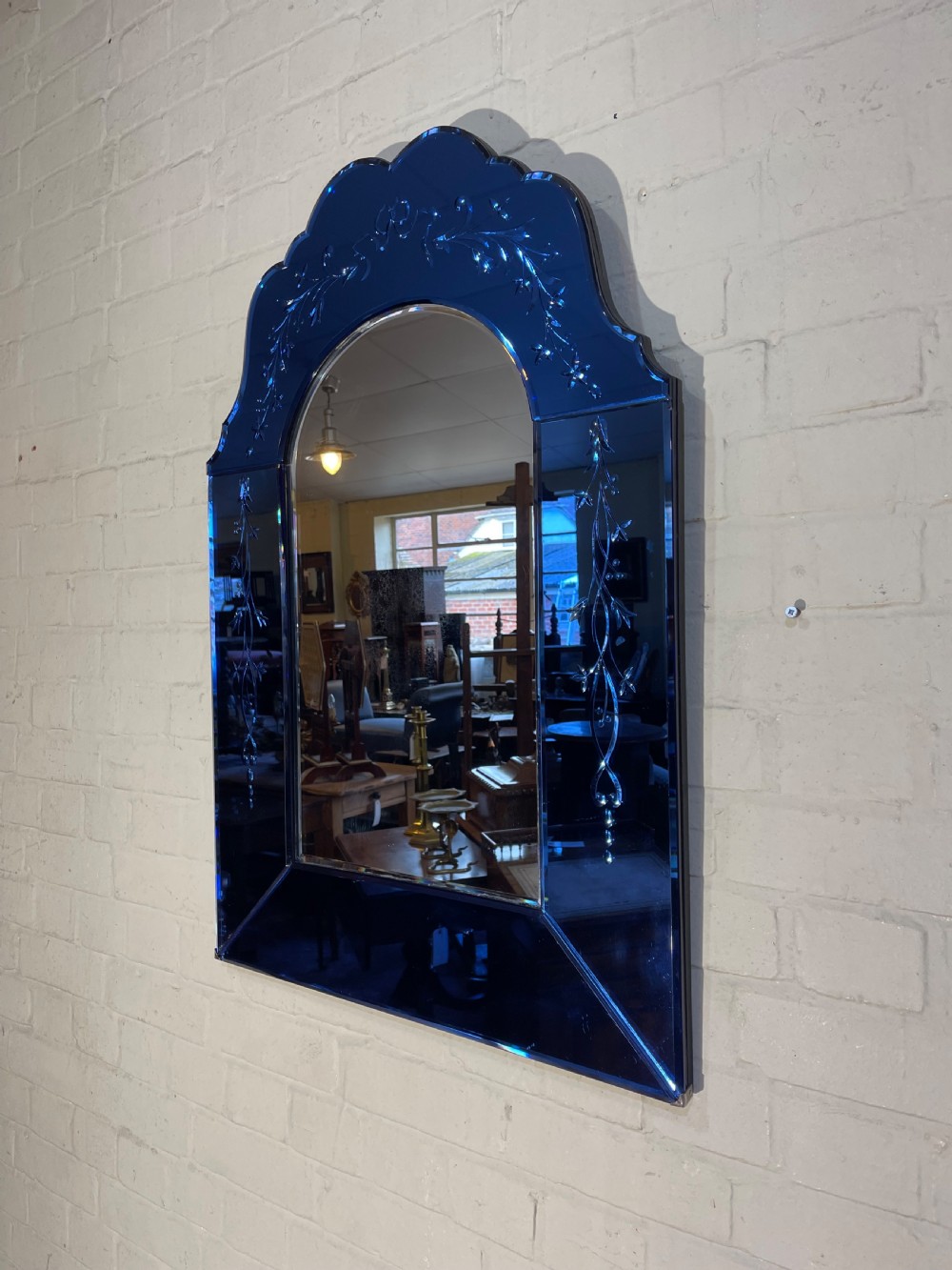 Art deco period blue glass mirror  View II