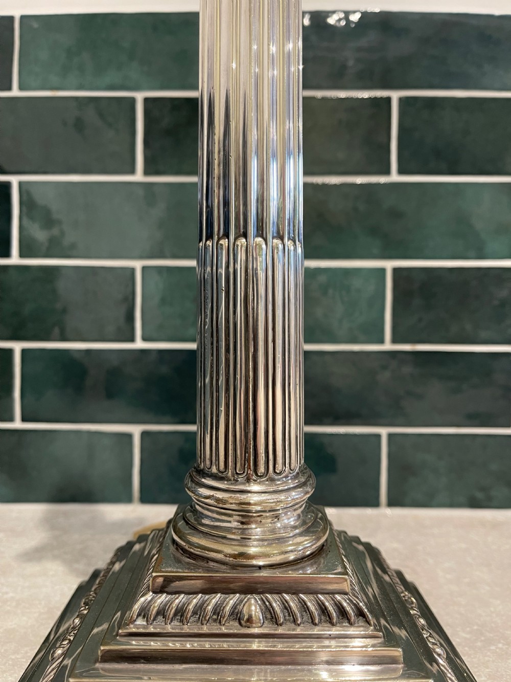 Silver plated Corinthian column lamp.  View IV