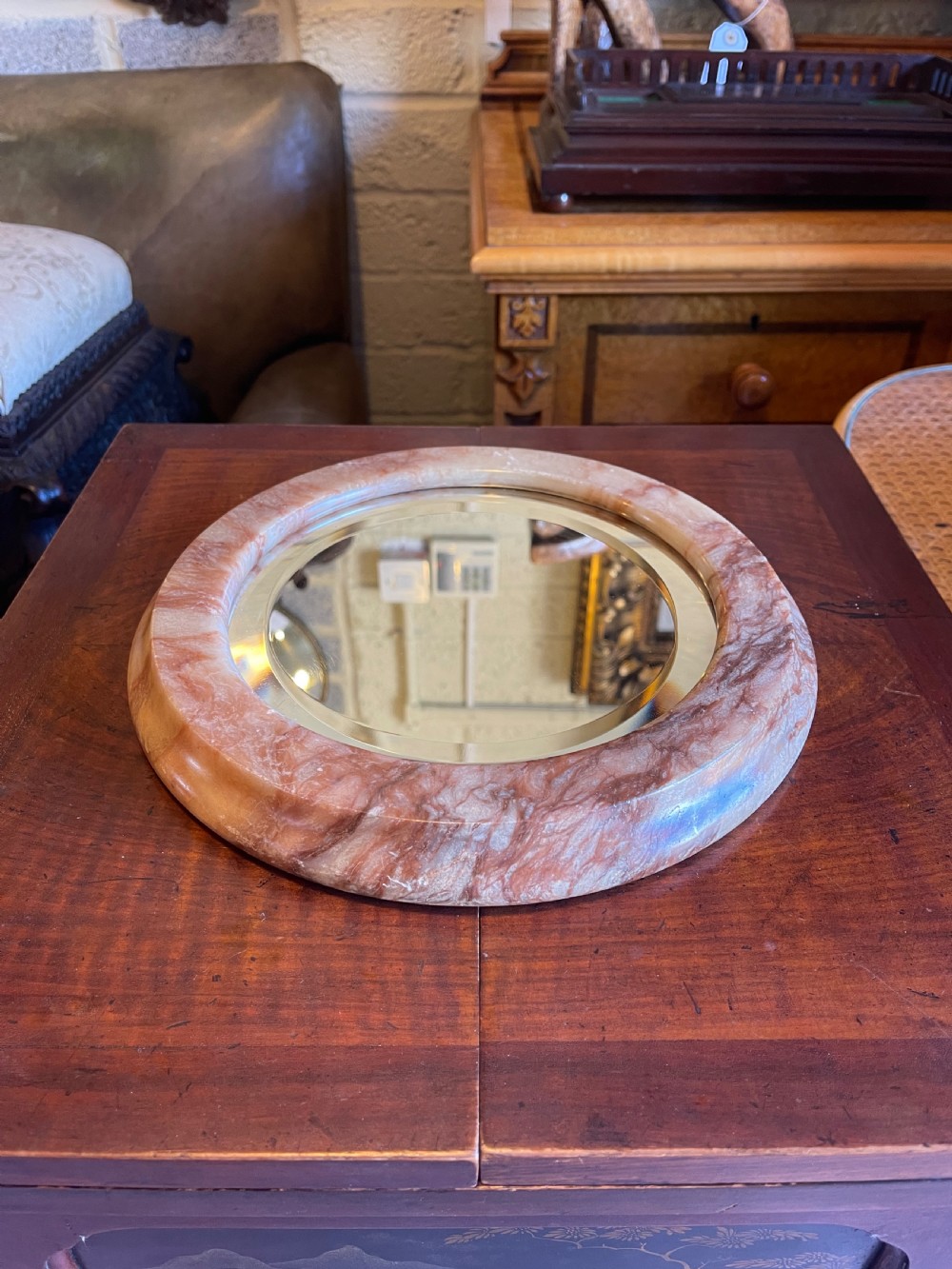 Small Alabaster framed circular mirror  View II