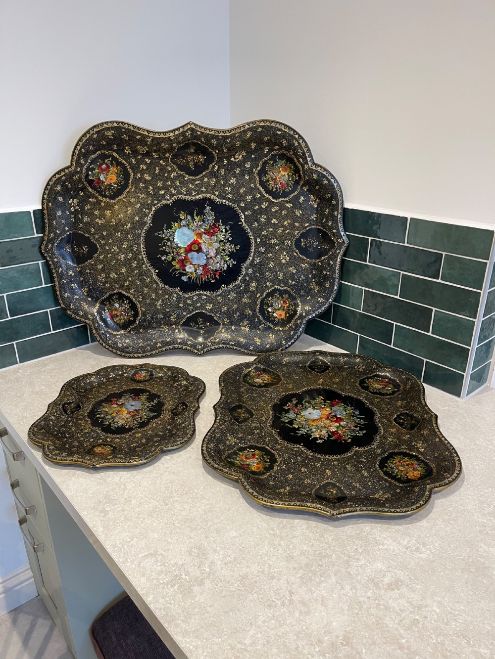 Set of three papier mache trays