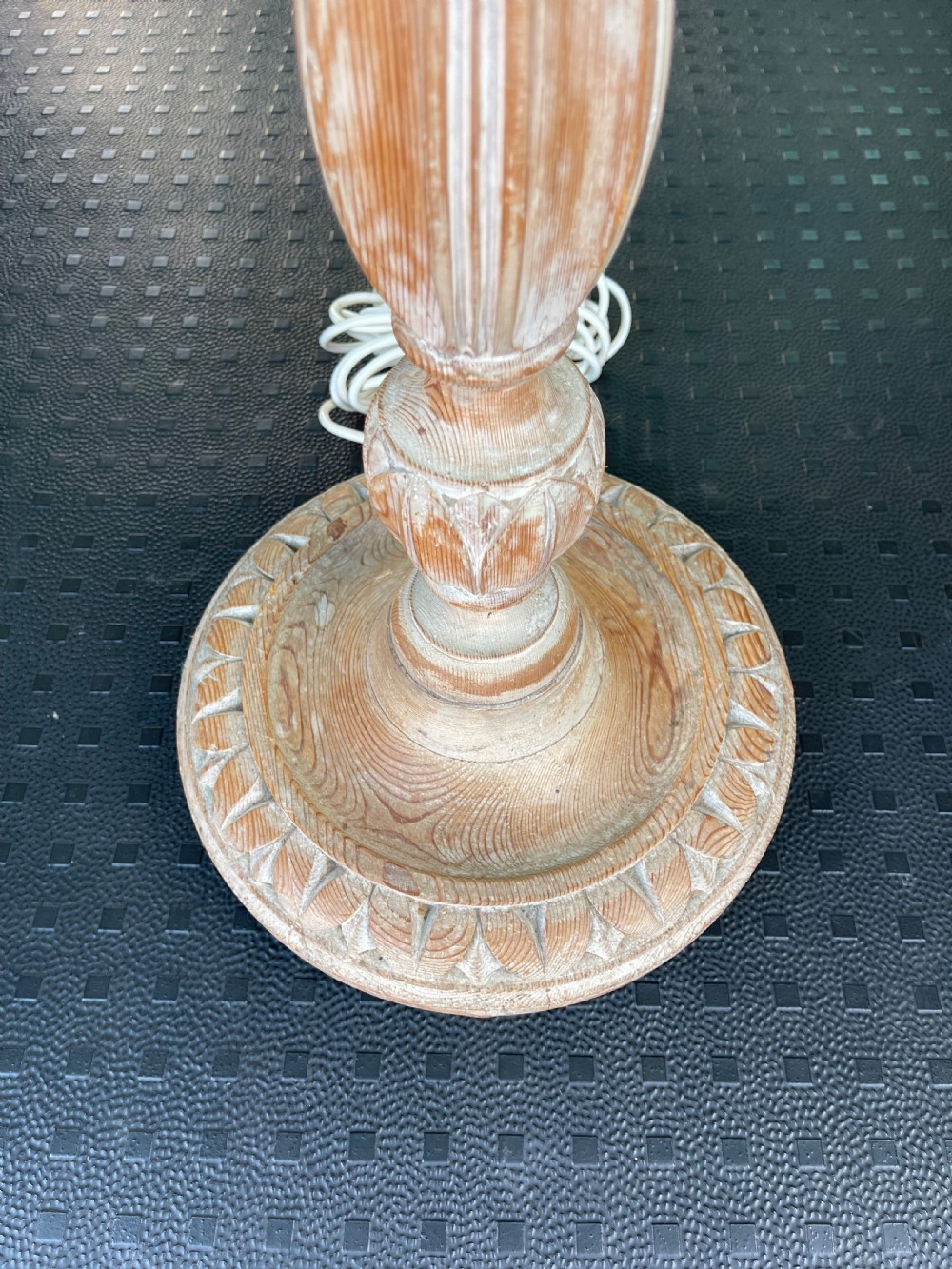 A tall turned and carved pine standard lamp base with a whitewashed natural finish and round carved base. View III