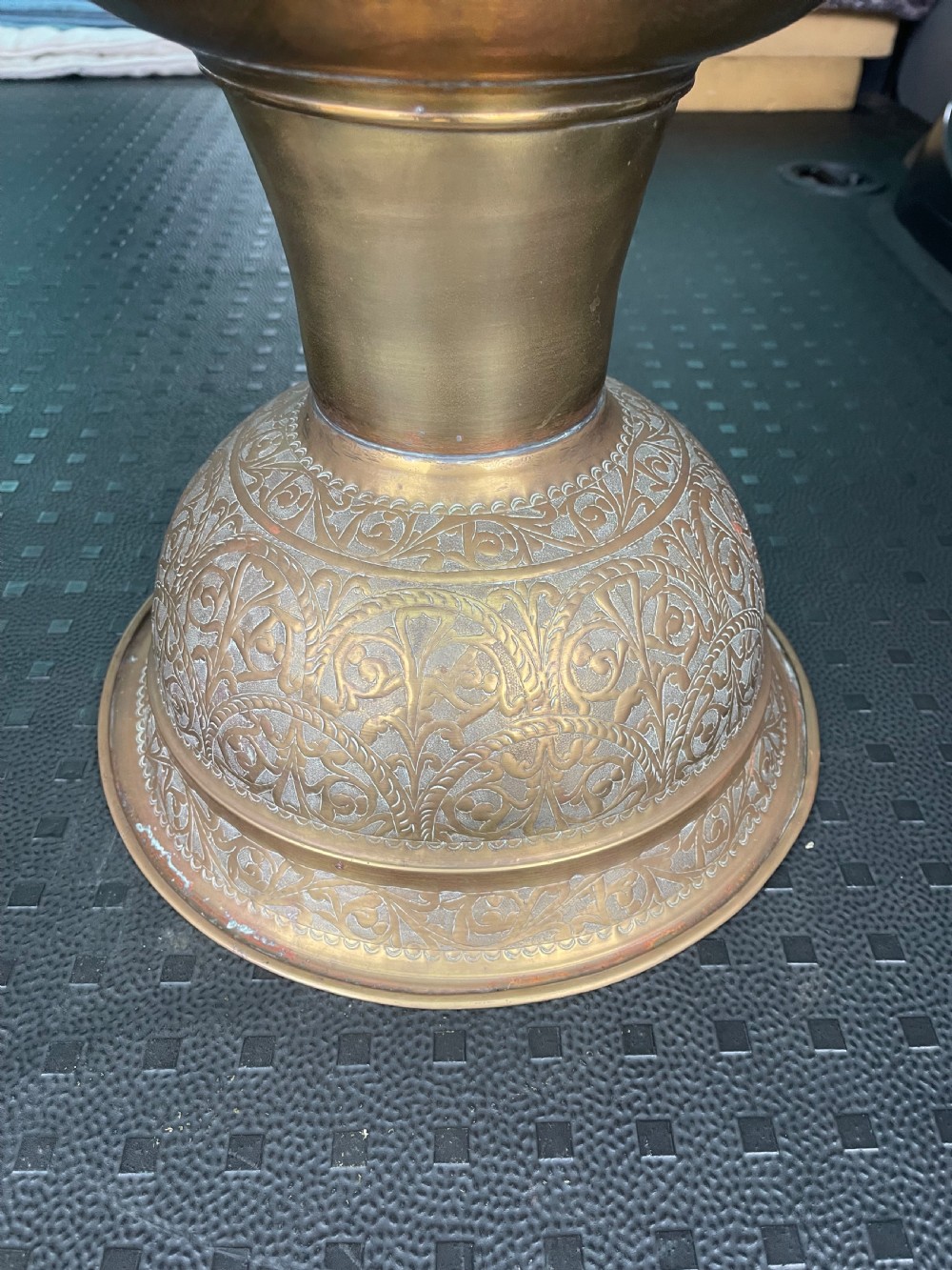 A pair of large antique brass Cairoware lamps featuring intricate pierced arabesque metalwork and tiered urn-shaped bodies. View II