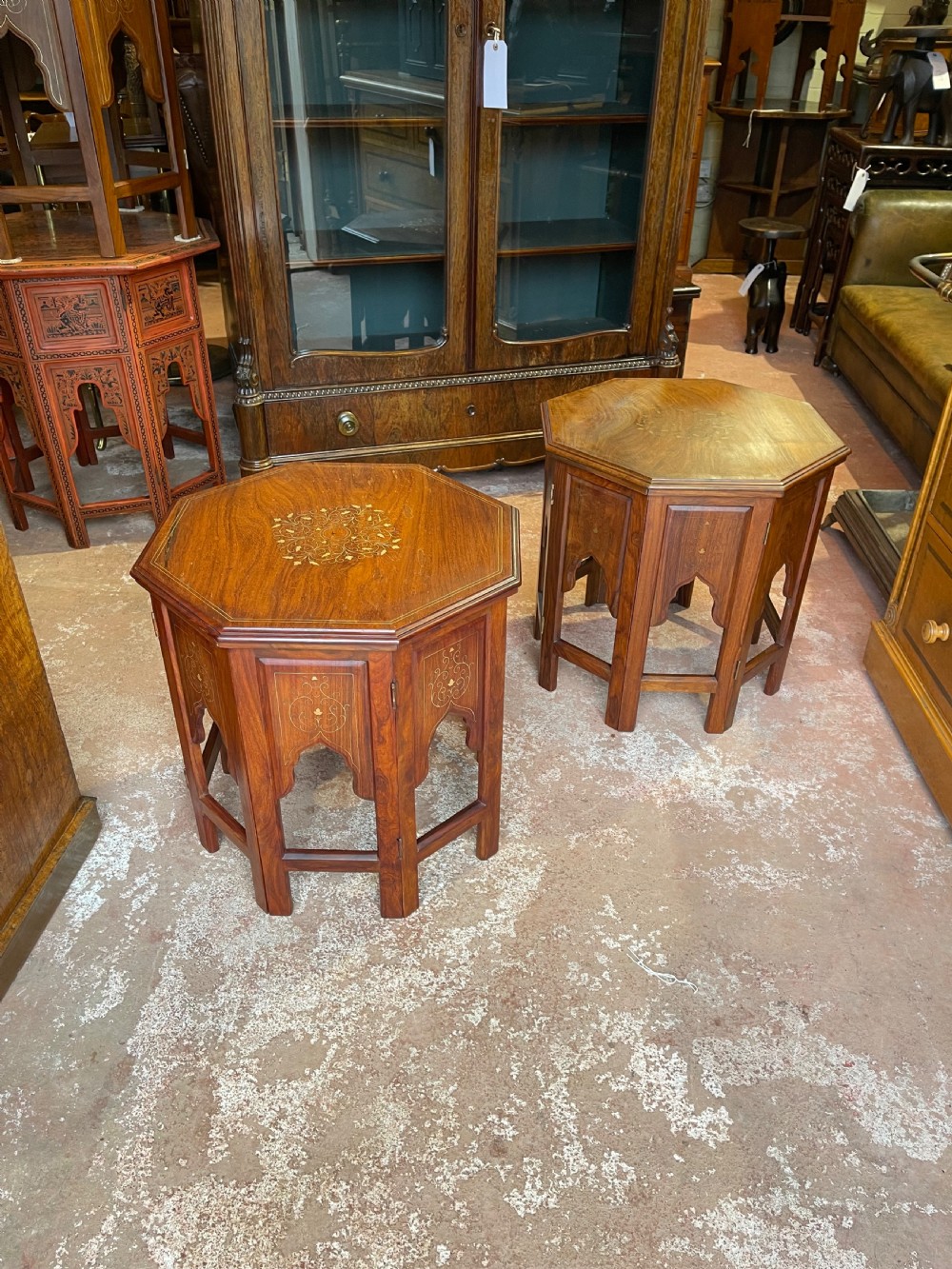 Pair of brass inlaid Indian tables 