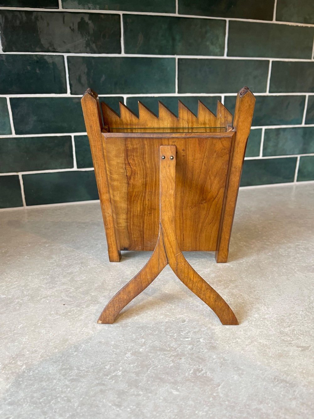 A standing wooden double photo frame constructed in the form of a slatted garden gate with metal strap hinges and a sliding latch. View IV