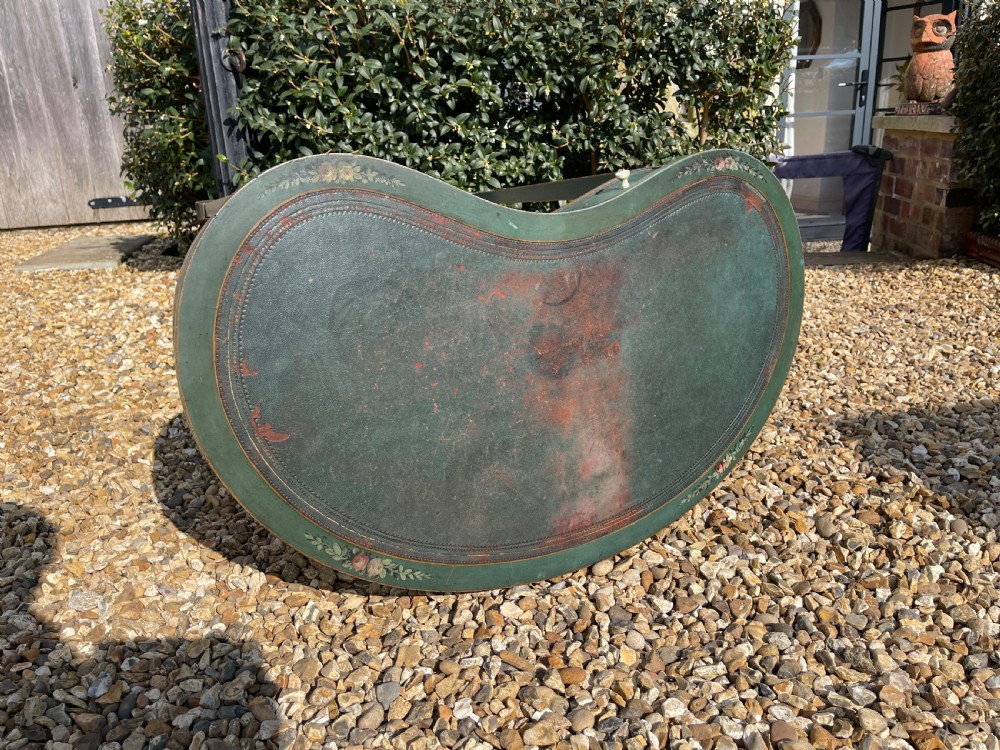A late Victorian kidney-shaped writing desk finished in green paint with hand-painted floral swags and an inset leather top. View IX