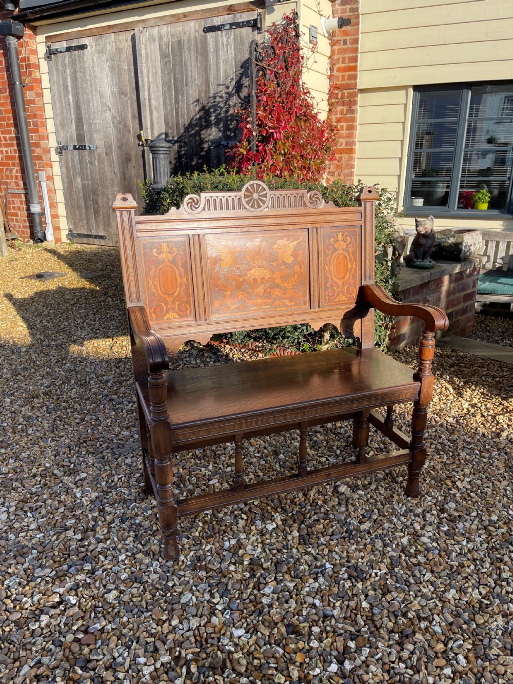 Shapland and Petter inlaid oak hall bench