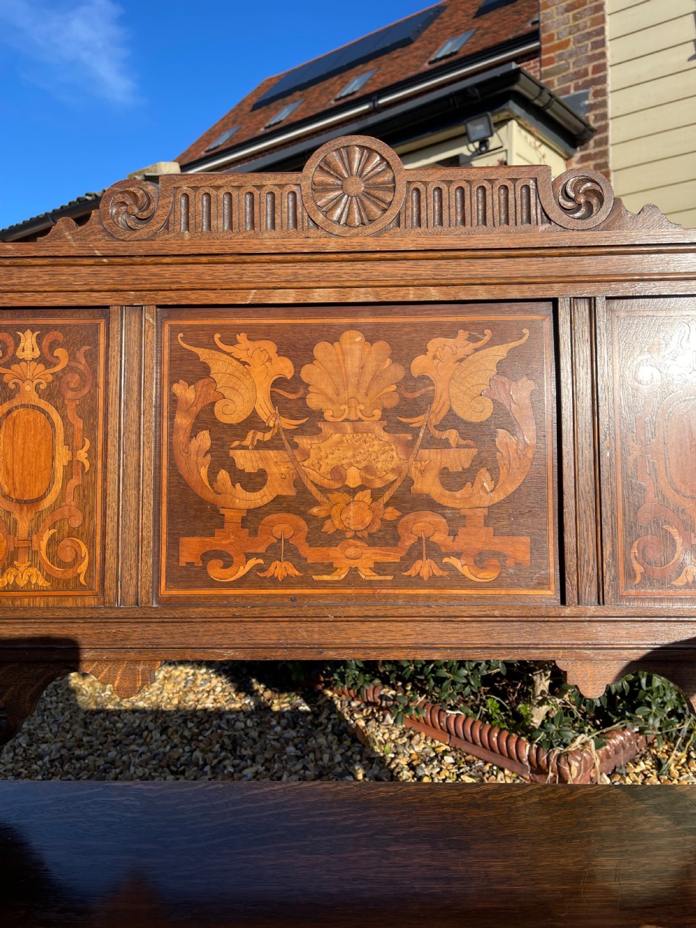Shapland and Petter inlaid oak hall bench View II