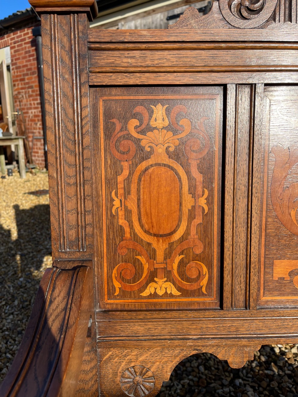 Shapland and Petter inlaid oak hall bench View III