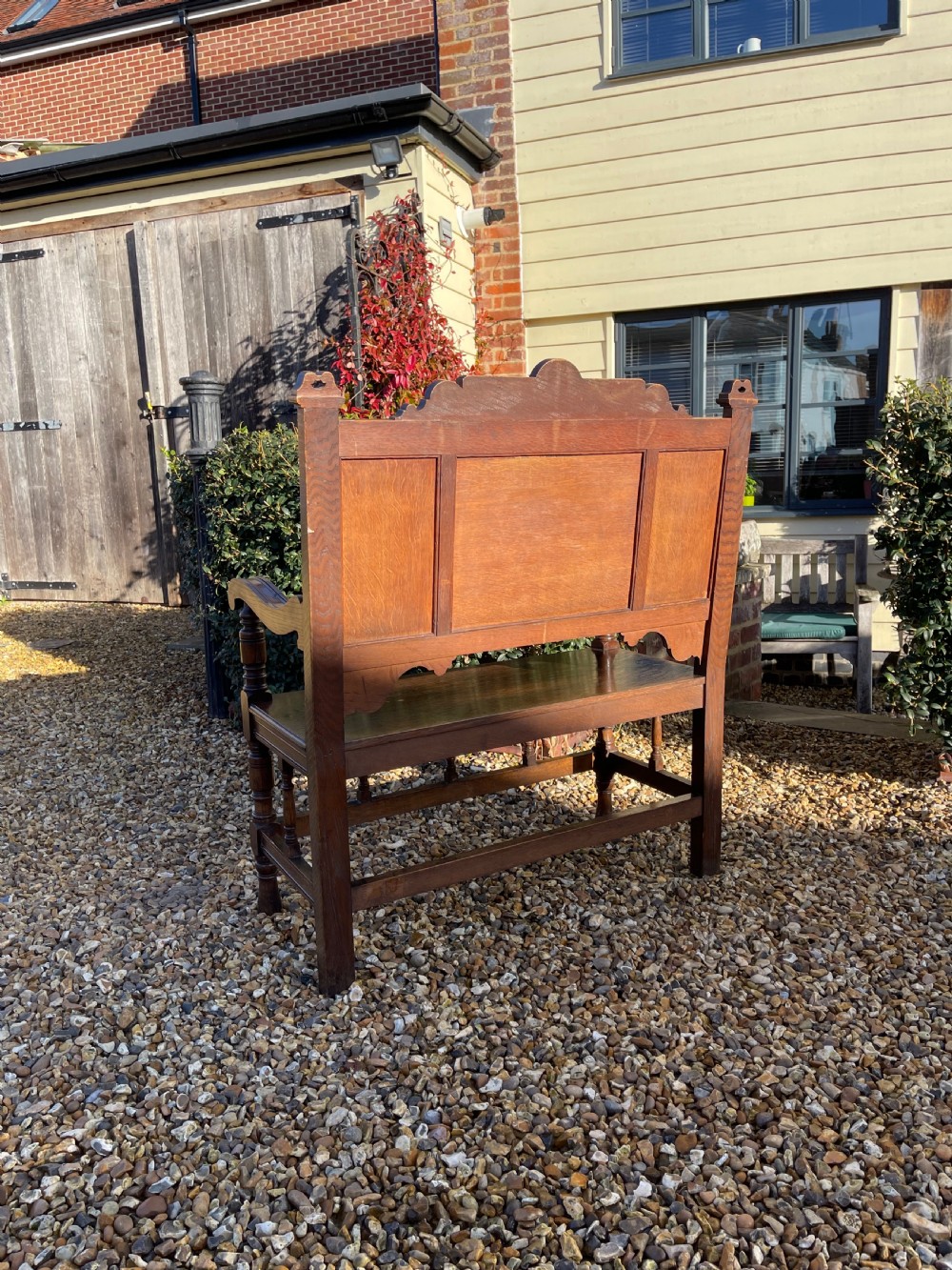 Shapland and Petter inlaid oak hall bench View V