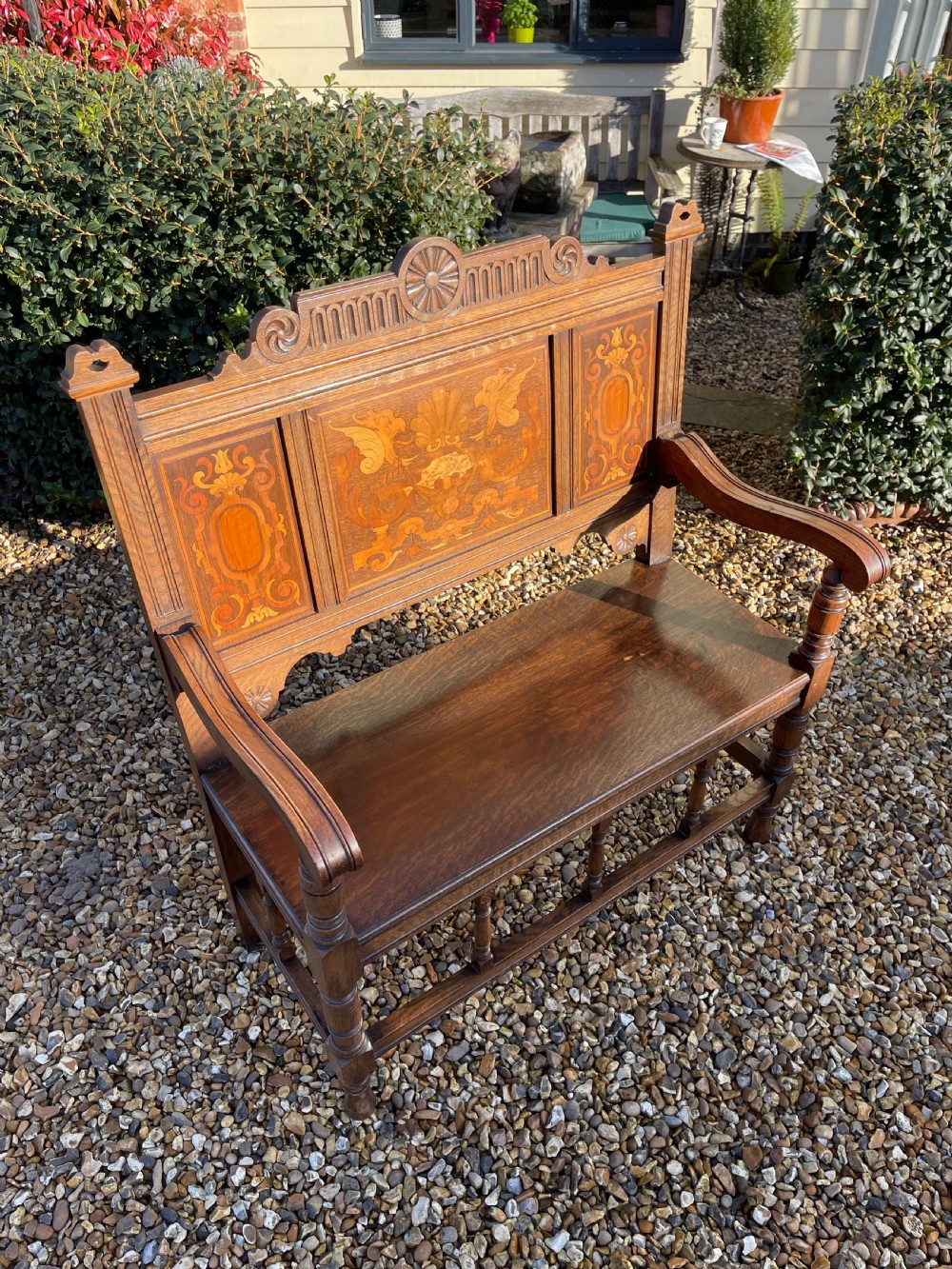 Shapland and Petter inlaid oak hall bench View VII