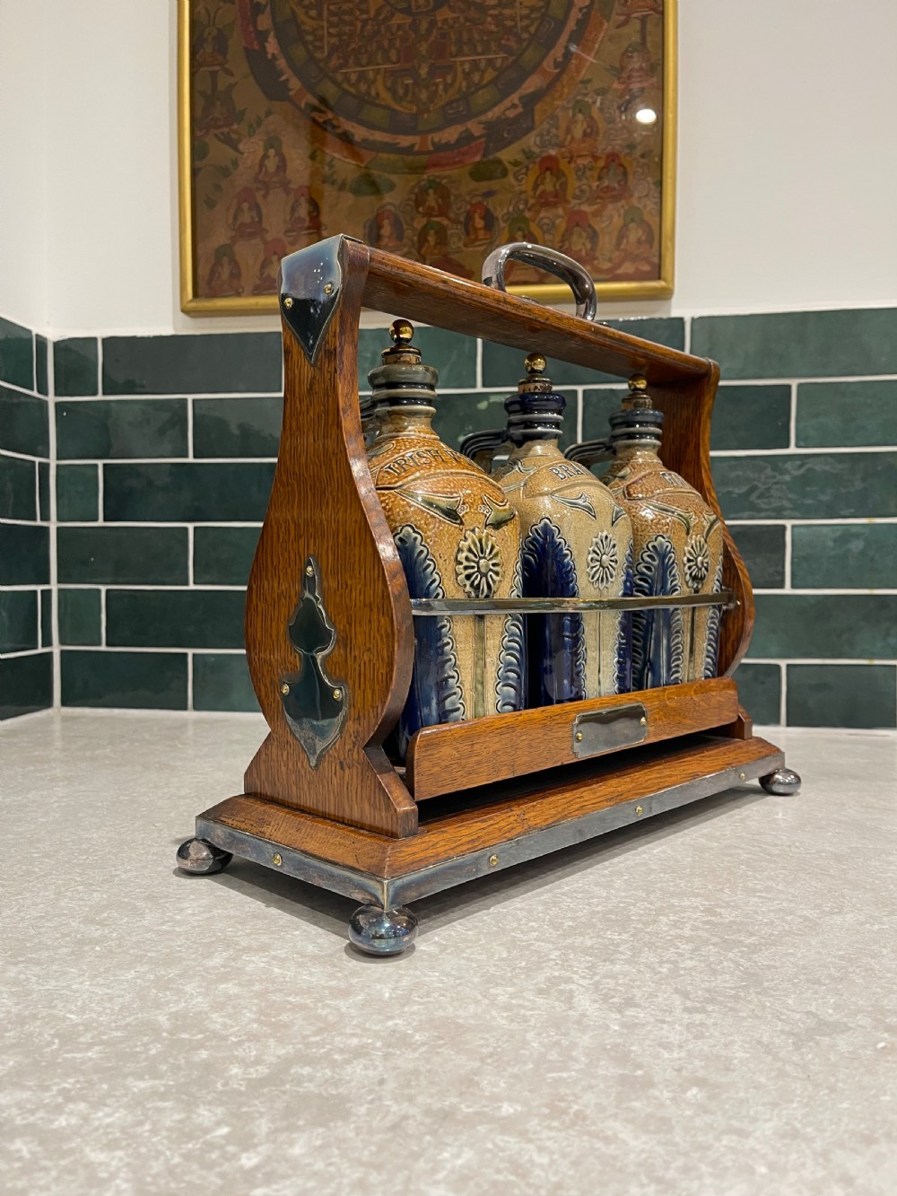 Nineteenth Century oak tantalus with stoneware flagons View IV