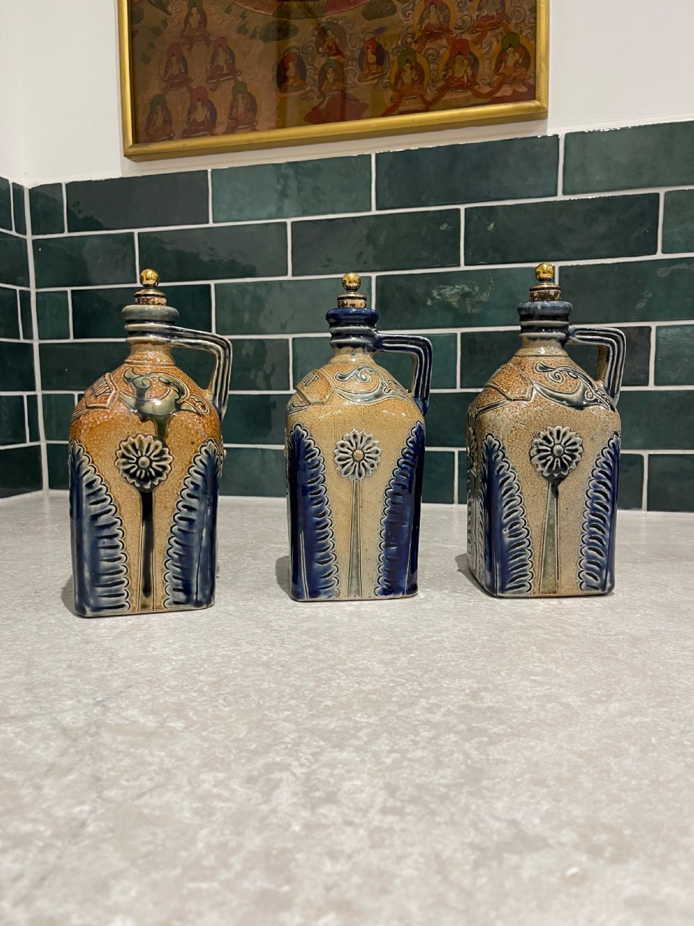 Nineteenth Century oak tantalus with stoneware flagons View V