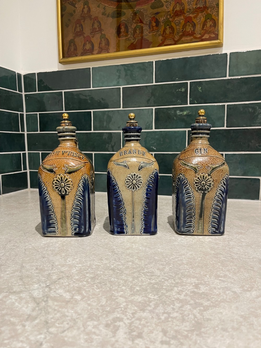 Nineteenth Century oak tantalus with stoneware flagons View VI