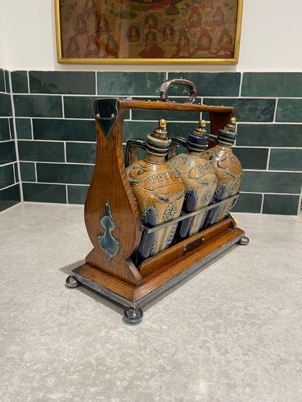 Nineteenth Century oak tantalus with stoneware flagons View X